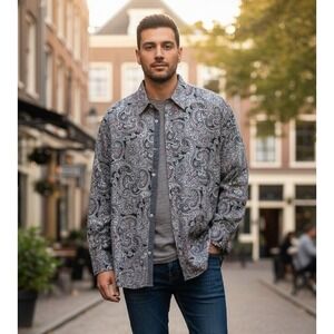 Kilburne Finch Paisley Button Up Long Sleeve Cuff Shirt Men's 3XL Black Casual